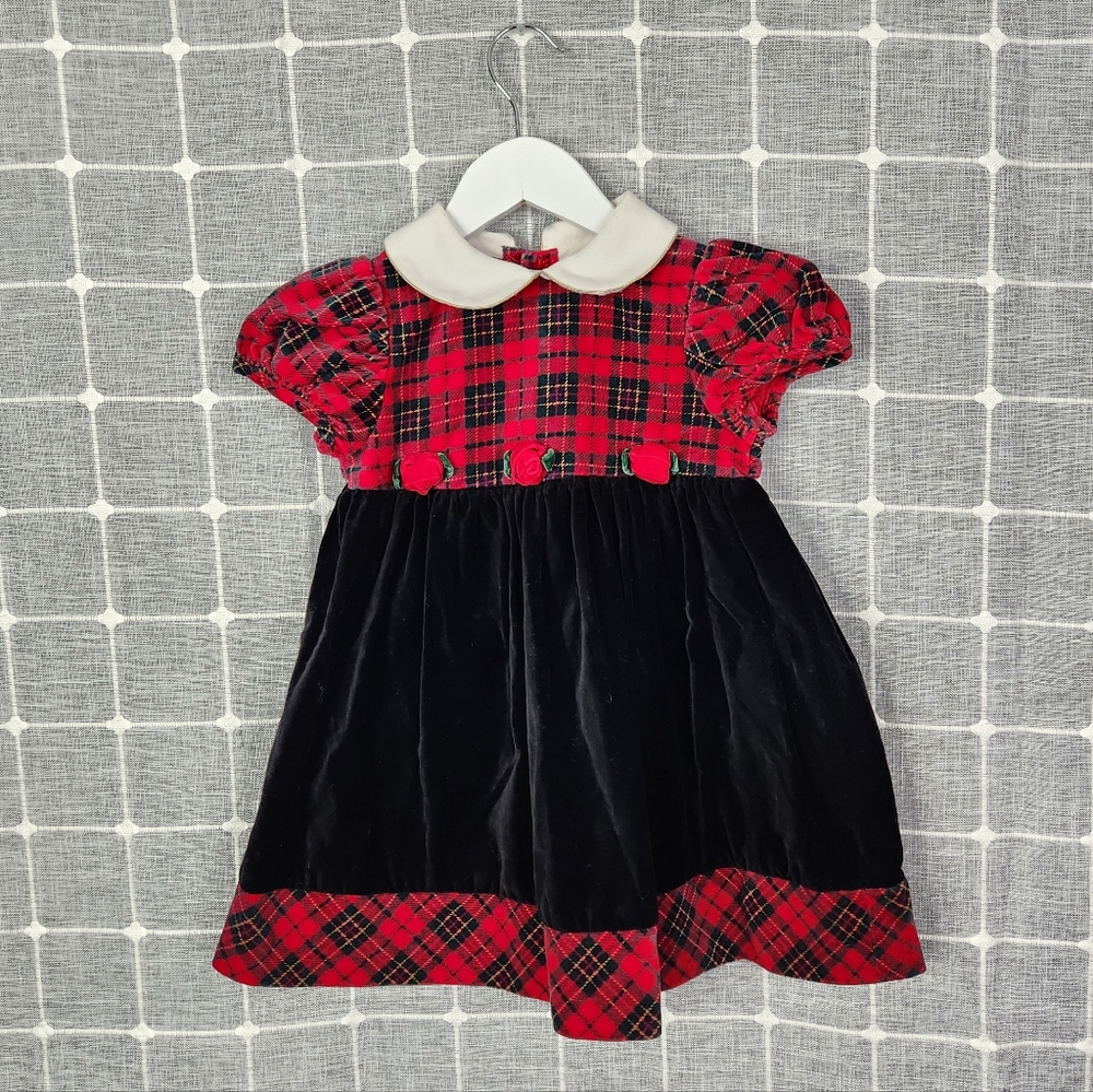 B.T. Kids Red and Black Plaid Velvet Dress